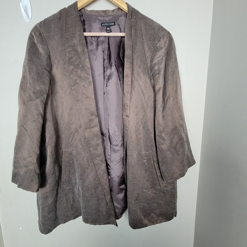 Eileen Fisher Linen Silk Brown Open Front Blazer Jacket XL